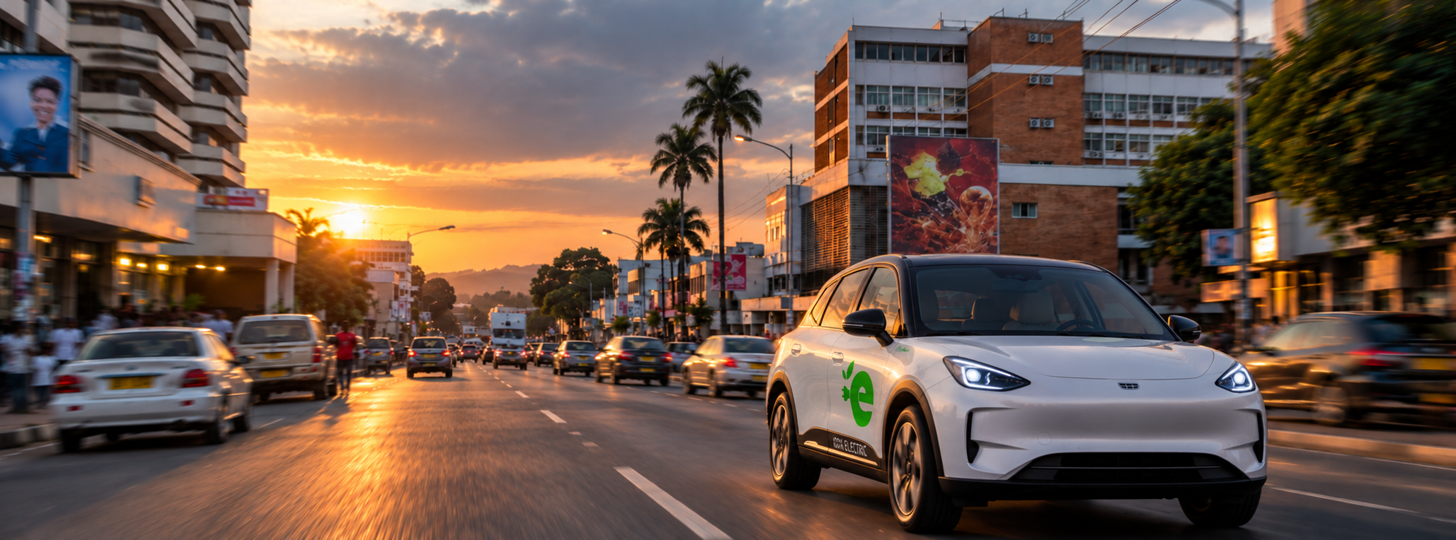 White SkyRide 100% electric SUV driving down a city street at sunset