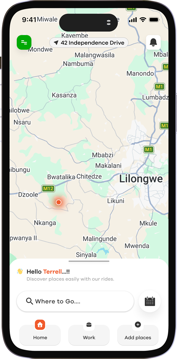 Sky eRide passenger app home screen with a map and a 'Where to go' search