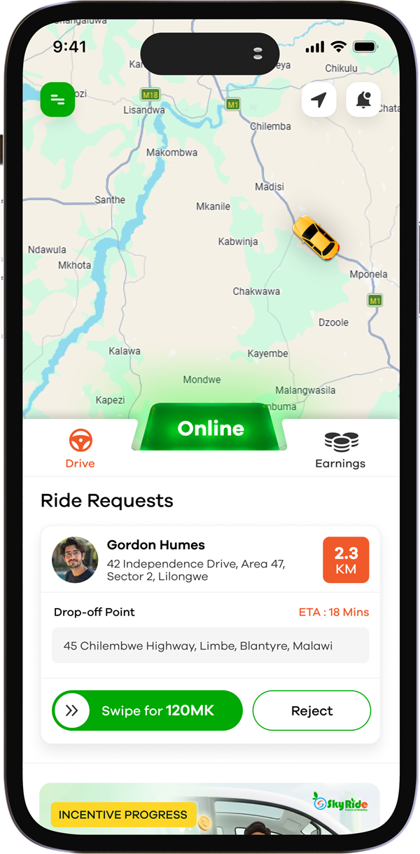 Sky eRide driver app showing an incoming ride request with pickup, drop-off and fare